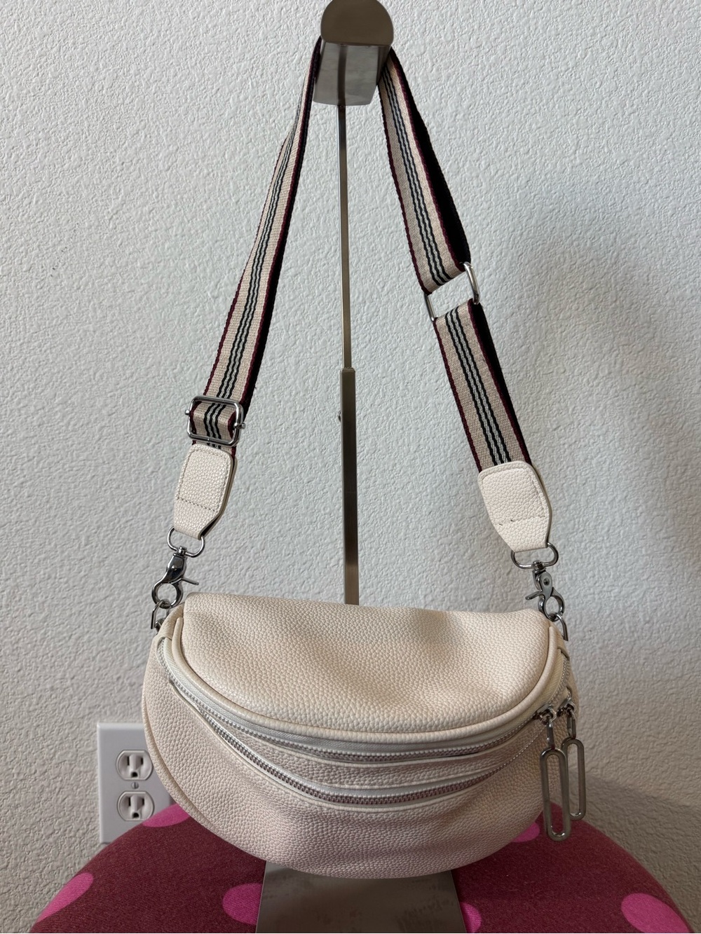 Cream Crossbody / Belt Bag w Striped Strap Multi Zip